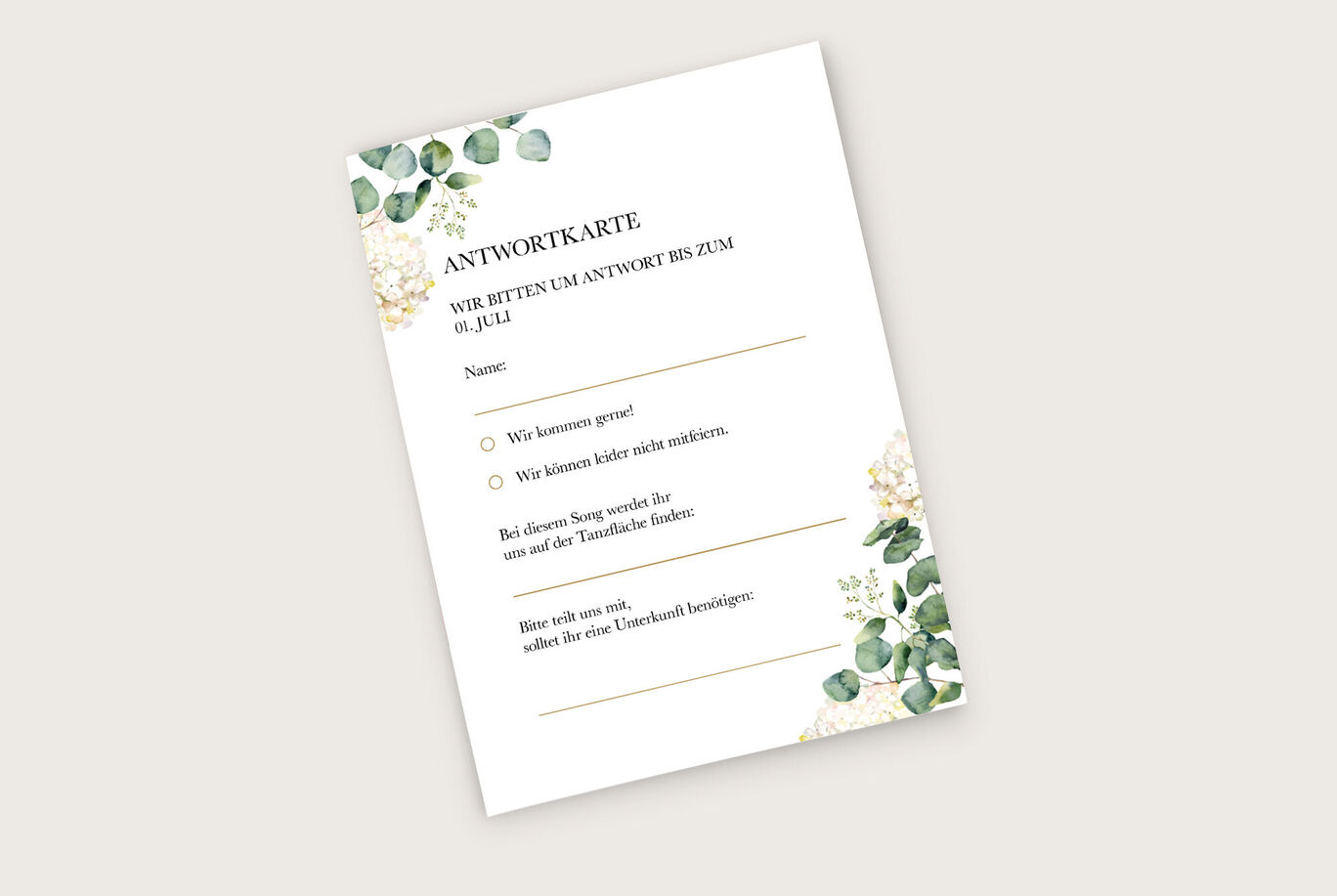 Elegante Antwortkarte mit floralen Akzenten und Platz für Name und Antwort.
