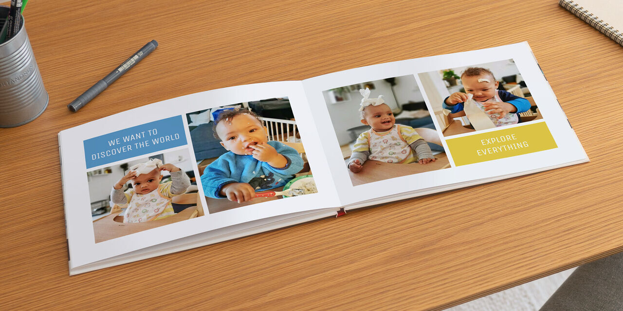 Offenes Fotobuch mit bunten Bildern, das Freude und Erinnerungen zeigt, umgeben von einem Stift und einer Blume.
