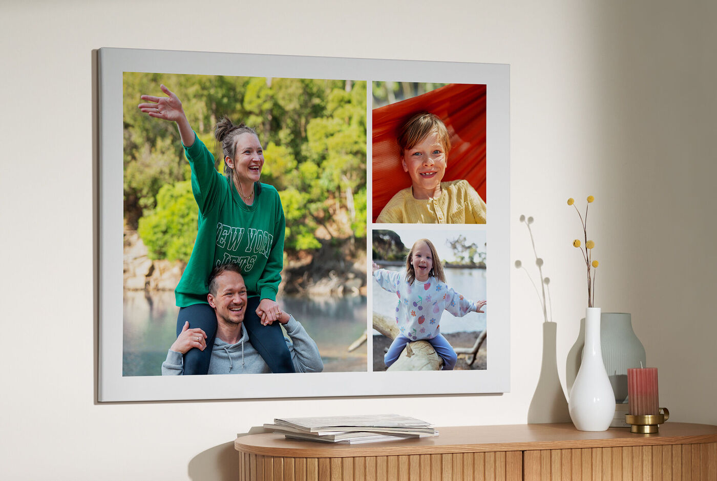 Familienphoto-Collage mit drei fröhlichen Kindern in verschiedenen Szenen, umgeben von einer schönen Naturkulisse