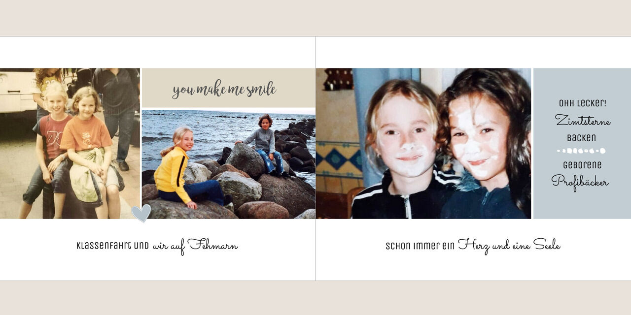 Zwei Kinder sitzen auf Steinen am Strand, ein Mädchen lächelt in der Natur. Auf der anderen Seite sind Fotos von kleinen Kindern und ein Text mit Kochrezept.