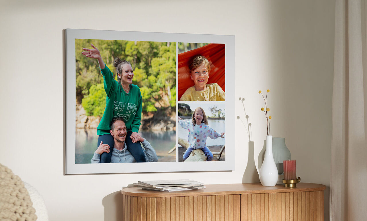 Familienbilder im modernen Wohnzimmer, die Freude und gemeinsame Momente zeigen