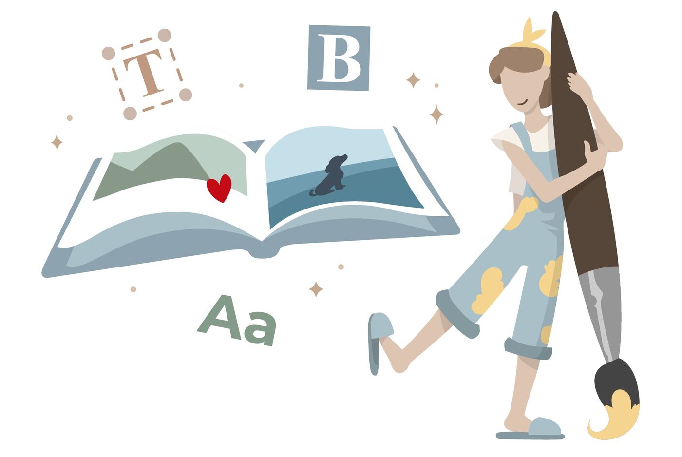llustration zeigt aufgeschlagenes Fotobuch mit Herz, großer Pinsel und kreative Designelemente