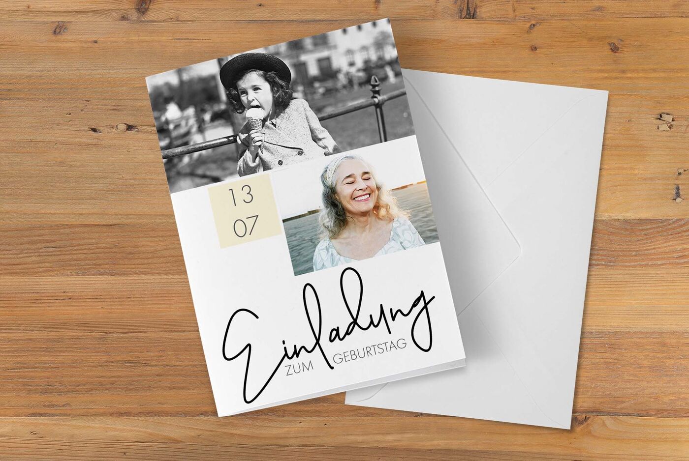 Einladungsdesign für einen Geburtstag, kreativ gestaltet mit Schwarz-Weiß-Fotos und modernem Schriftzug.