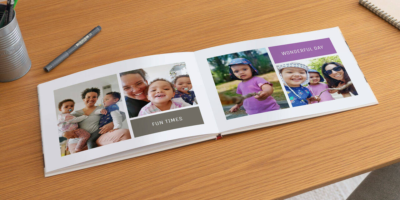 Ein fröhliches Fotobuch mit schönen Erinnerungen und bunten Bildern von Kindern