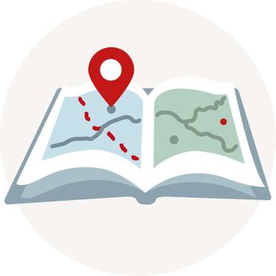 Illustration eines aufgeschlagenen Buches mit einer Karte und einem roten Standortmarker, der einen Zielort zeigt