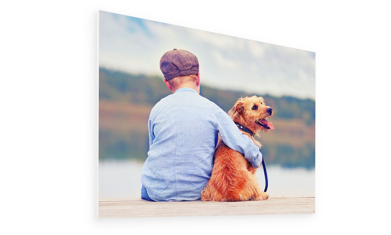 Ein Junge mit einer Schirmmütze sitzt am Ufer und umarmt seinen Hund. Zusammen genießen sie einen wunderbaren Moment am Wasser.