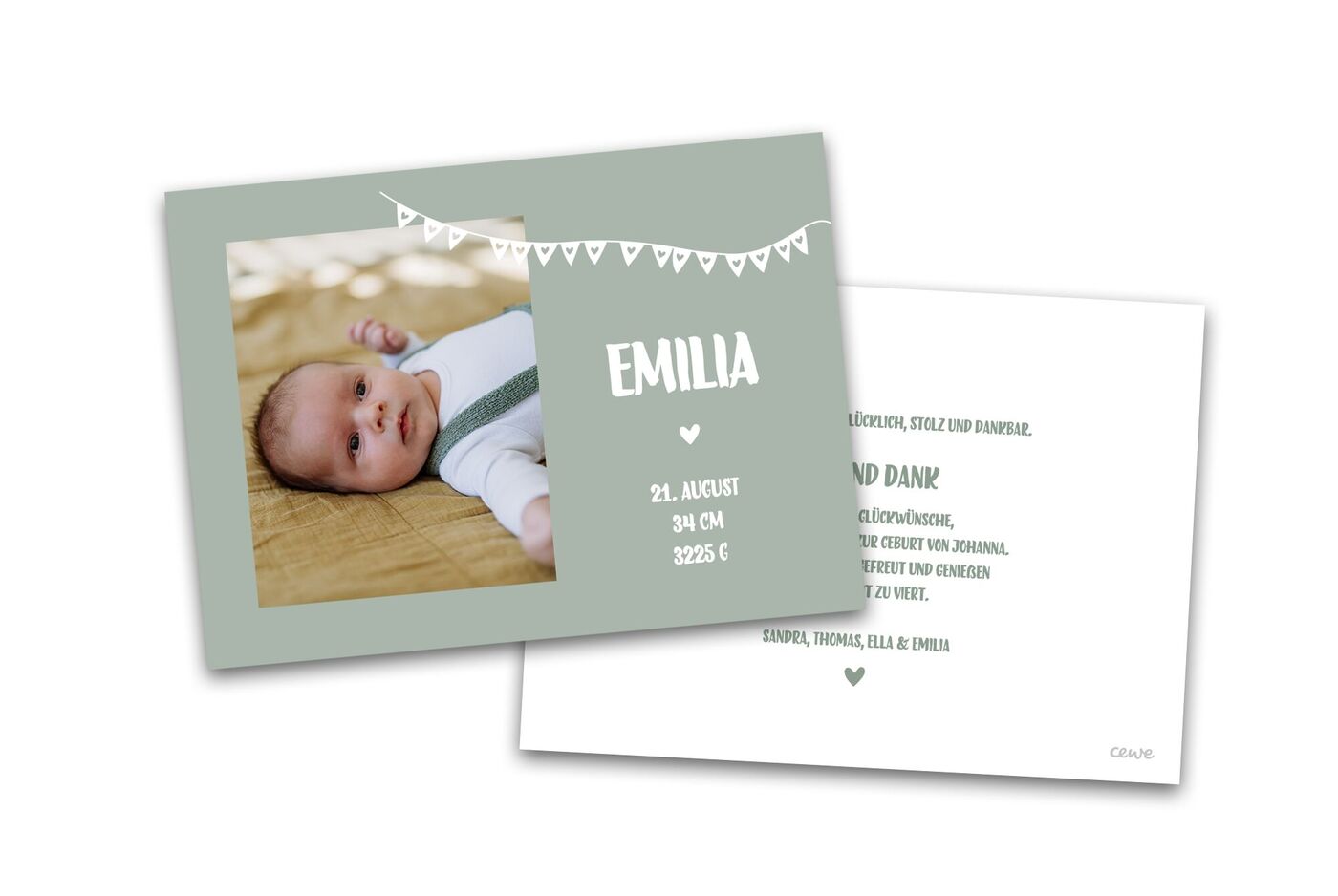 CEWE Grußkarte zur Geburt mit Babyfoto, Name Emilia und Geburtsdaten