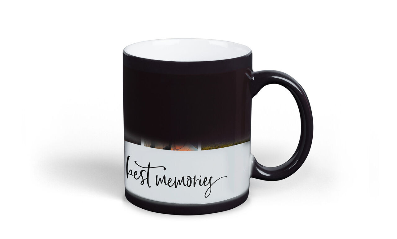 Schwarze Tasse mit Foto und Aufschrift "beste Erinnerungen"