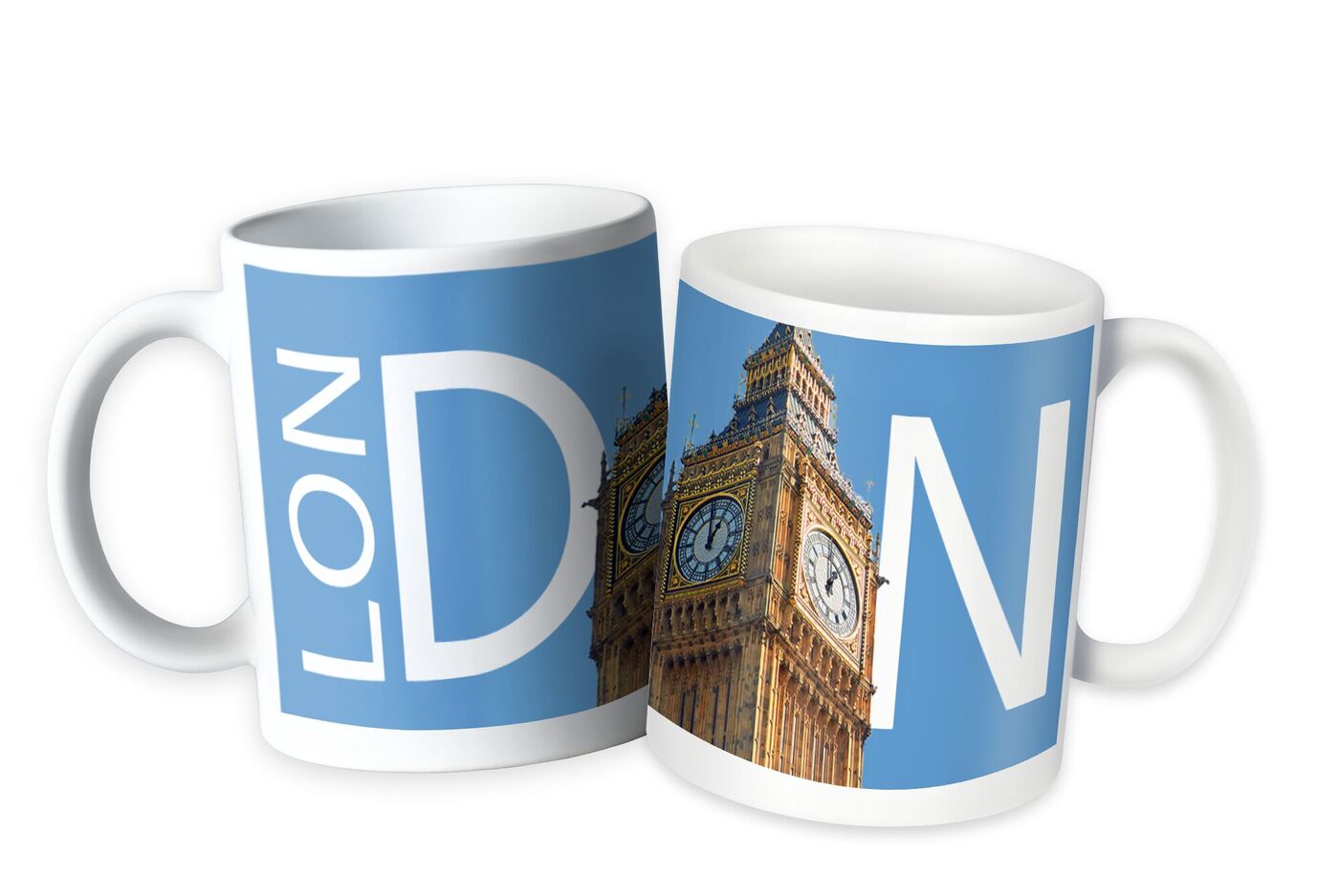 Zwei Fototassen mit blauem Design zeigen den Uhrturm Big Ben und die Buchstaben LONDON