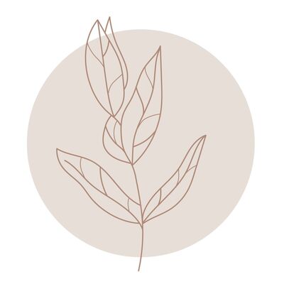 Eine minimalistische Zeichnung einer Pflanze mit filigranen Blättern in beige und braun auf einem kreisförmigen, hellbeigen Hintergrund.