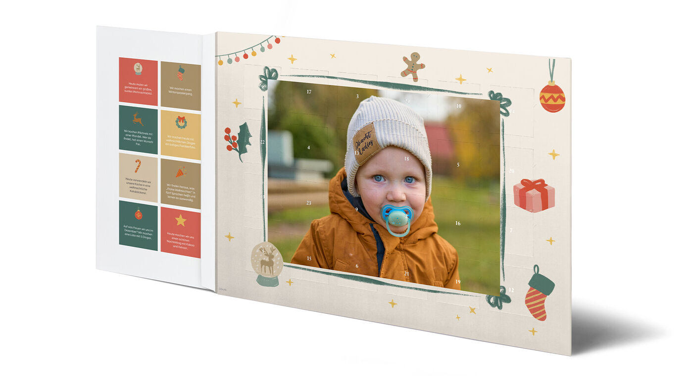 Fröhlich gestalteter Adventskalender mit winterlichen Motiven, Geschenk-Illustrationen und einem persönlichen Foto.