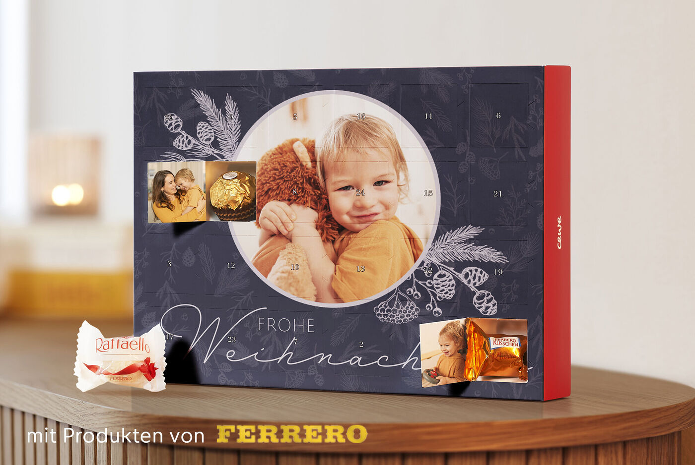 Schön gestaltete Weihnachtsbox mit leckeren Ferrero-Produkten und einem herzlichen Moment zwischen zwei Personen