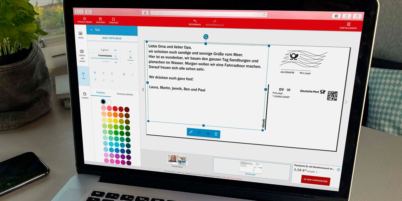 Screenshot eines Designs für eine CEWE Grußkarte, mit bunten Farben und Textfeldern.