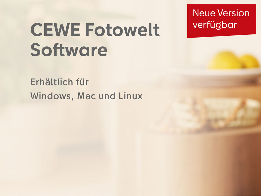 CEWE Fotowelt Software-Logo, zeigt die Verfügbarkeit für Windows, Mac und Linux