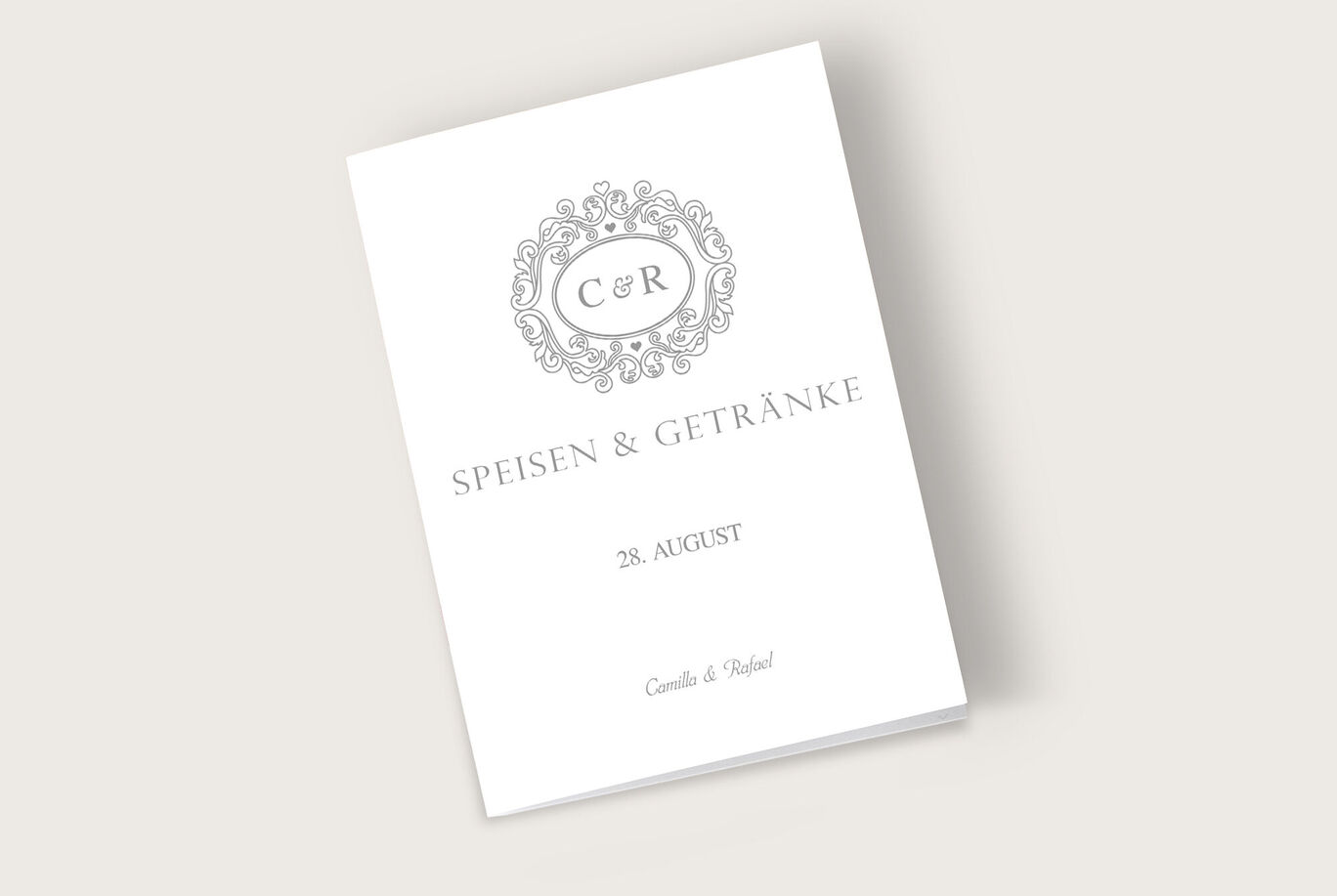 Elegante Menükarte für eine Hochzeit mit dem Text "Speisen & Getränke" und den Namen "Camilla & Rafael".