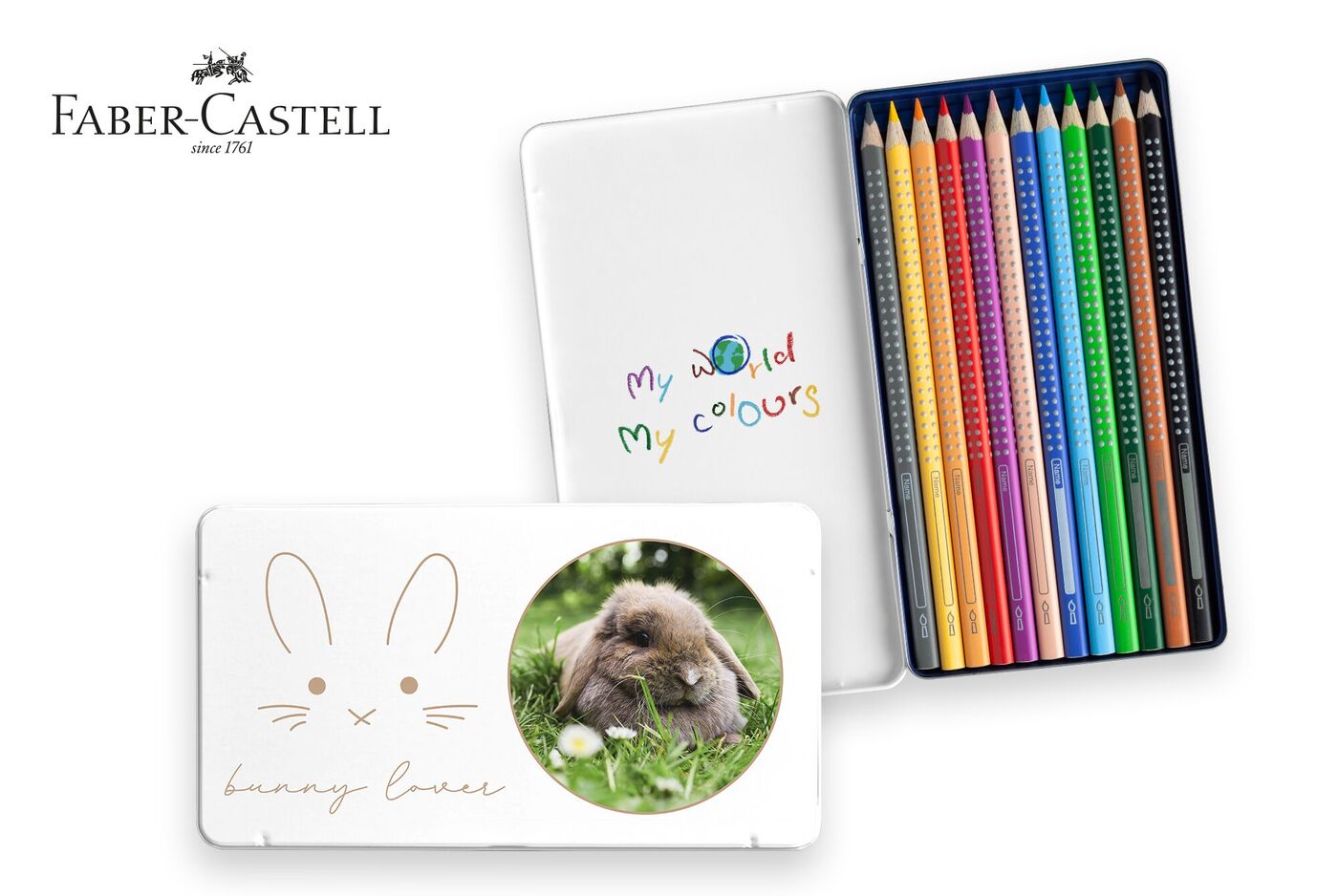 Faber-Castell Buntstifte in weißer Metalldose, geöffnet. Vorderseite gestaltet mit Kaninchenfoto.
