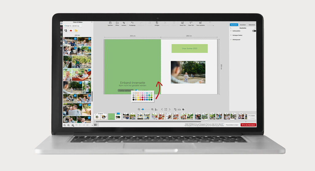 Laptop zeigt die CEWE FOTOBUCH Software mit Gestaltung einer Einband-Innenseite, Farbauswahl geöffnet