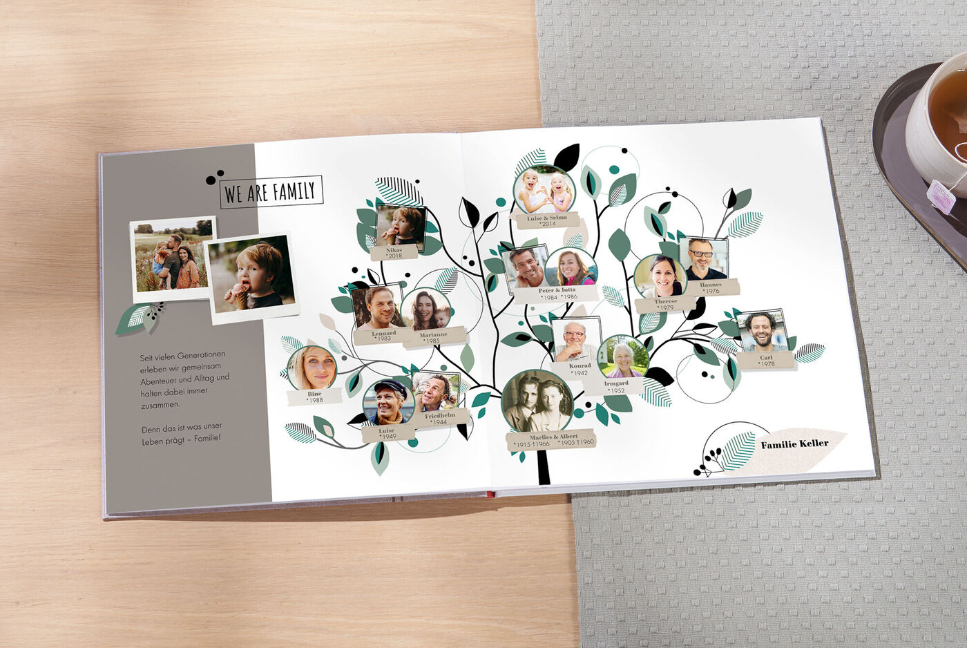 Familienstammbaum im CEWE FOTOBUCH mit Fotos der Familie und Namen.