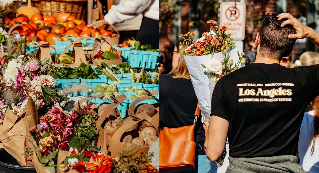 Wochenmarkt mit bunten Blumen und Obst, rechts trägt eine Person Sträuße, T-Shirt-Aufdruck: Los Angeles