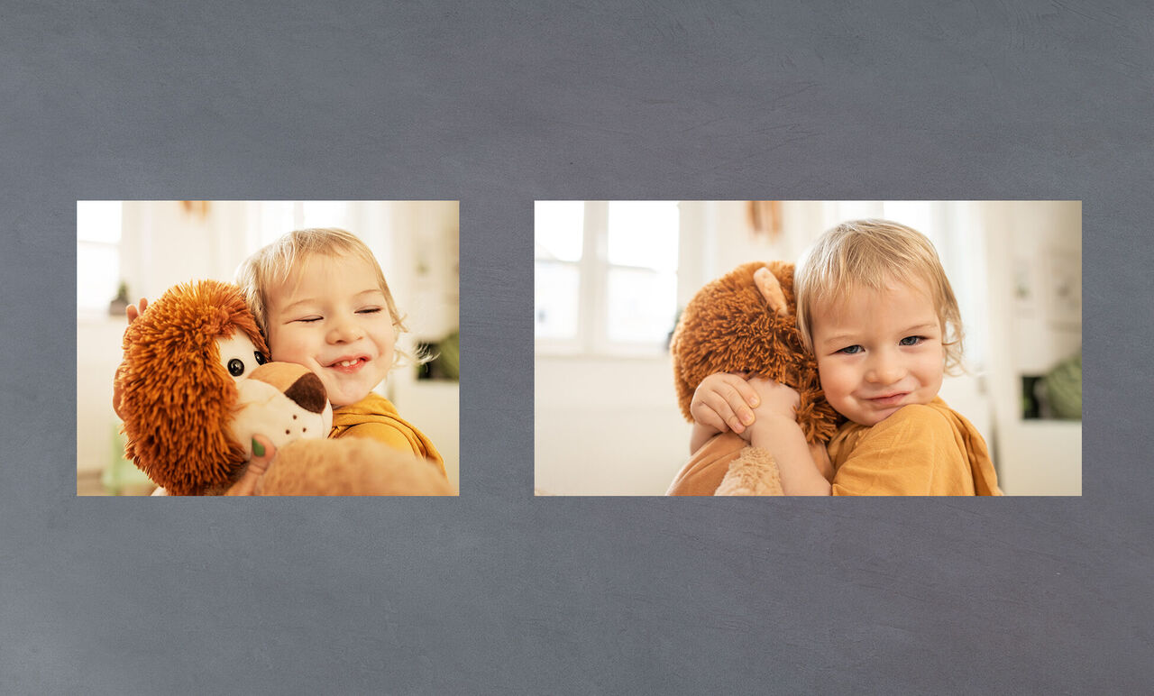 Ein Kind umarmt einen süßen Kuscheltierlöwen in einem hellen Raum
