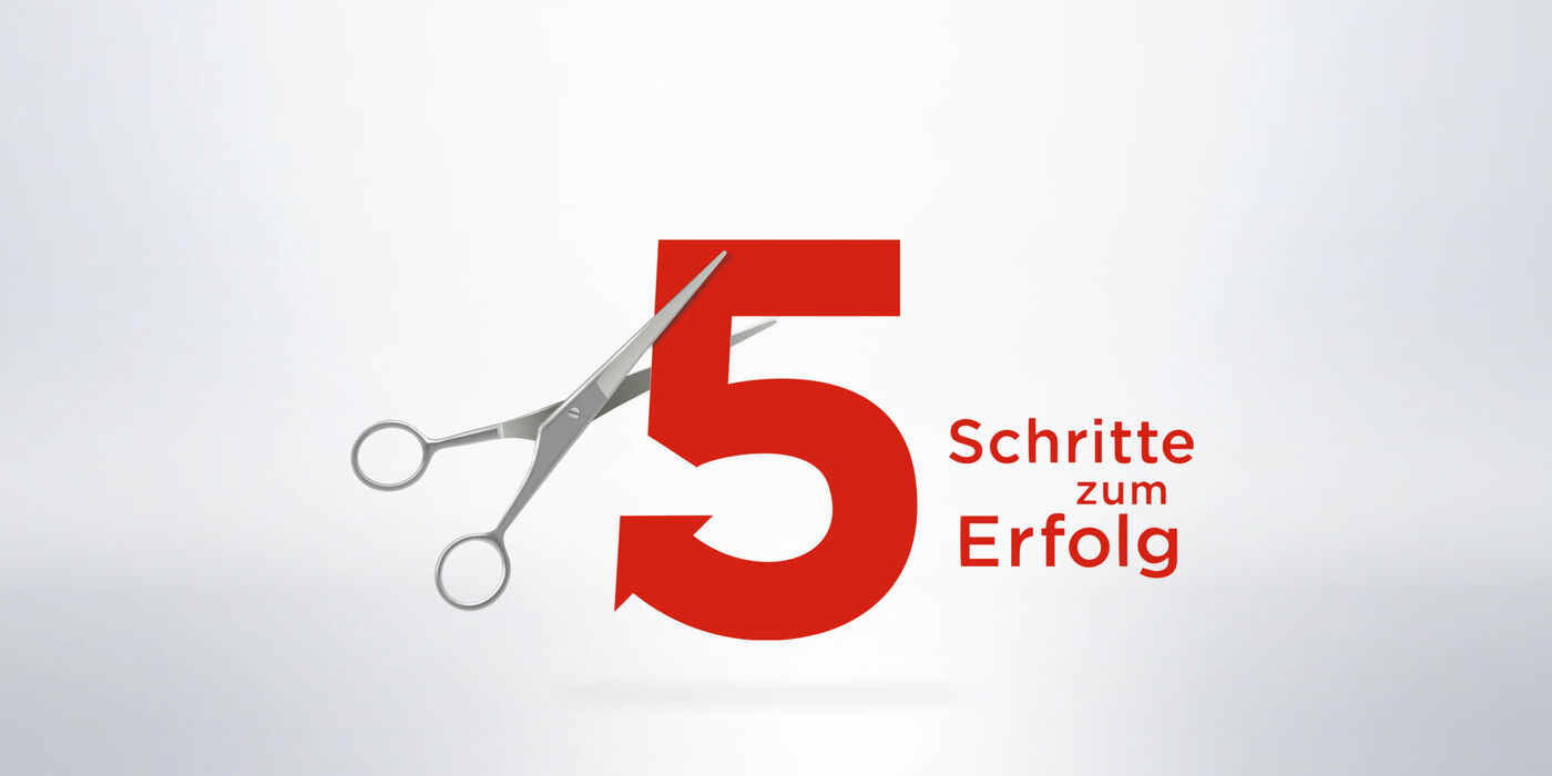 Eine rot dargestellte Zahl fünf mit einer Schere, die das Wort "Schritte zum Erfolg" umschließt