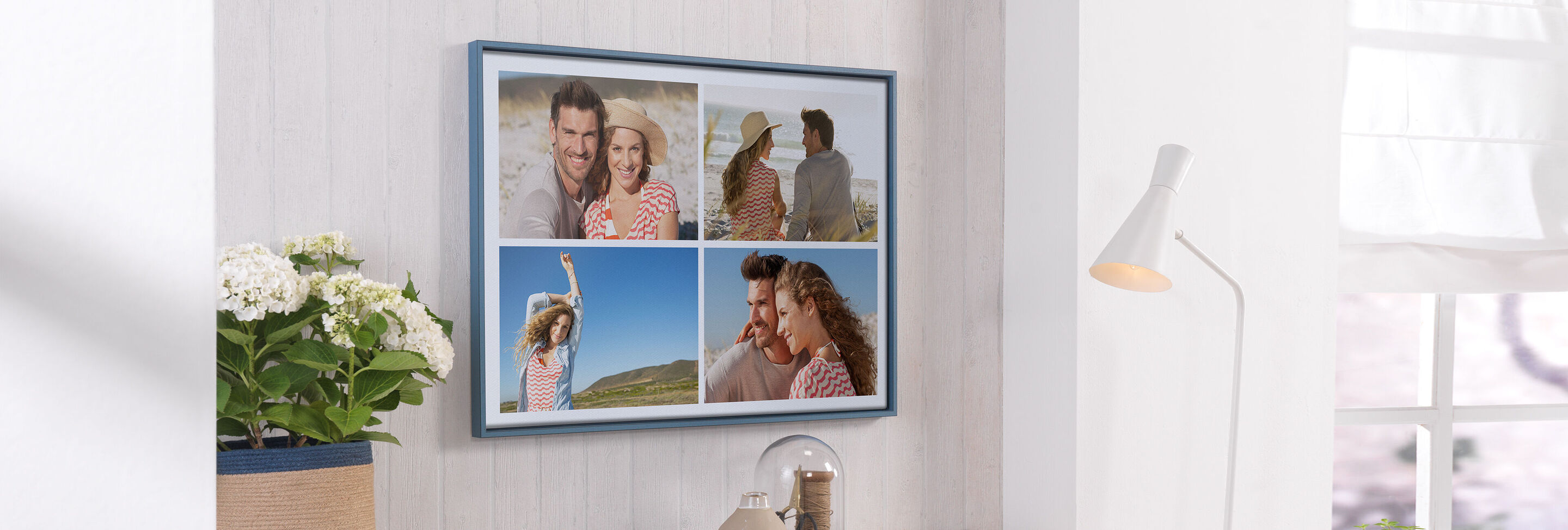 Ein stilvolles Wandbild mit mehreren Fotos, die glückliche Momente zeigen. Die Präsentation ist kreativ und geschmackvoll.