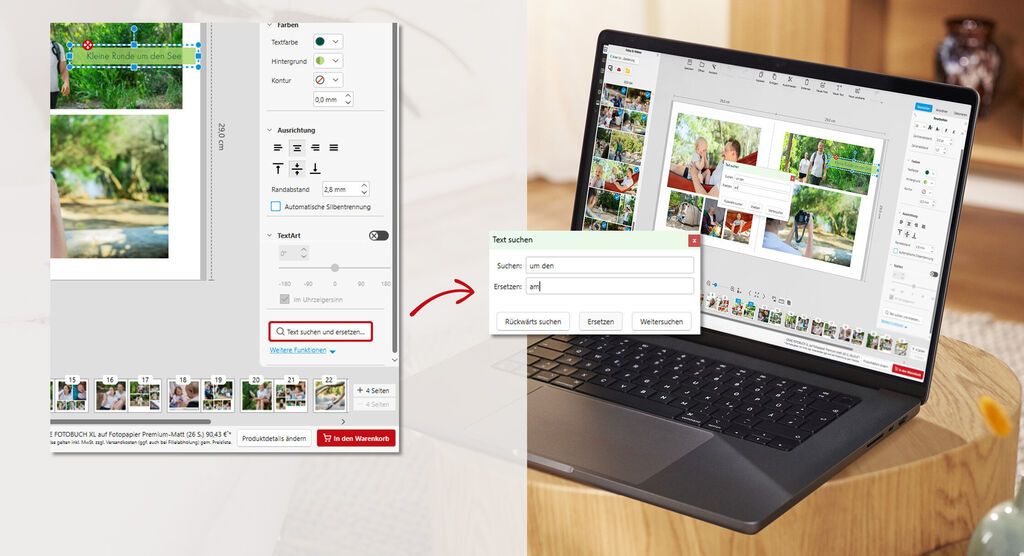 Laptop zeigt die CEWE FOTOBUCH Software mit geöffneter Such- und Ersetzen-Funktion für Textelemente