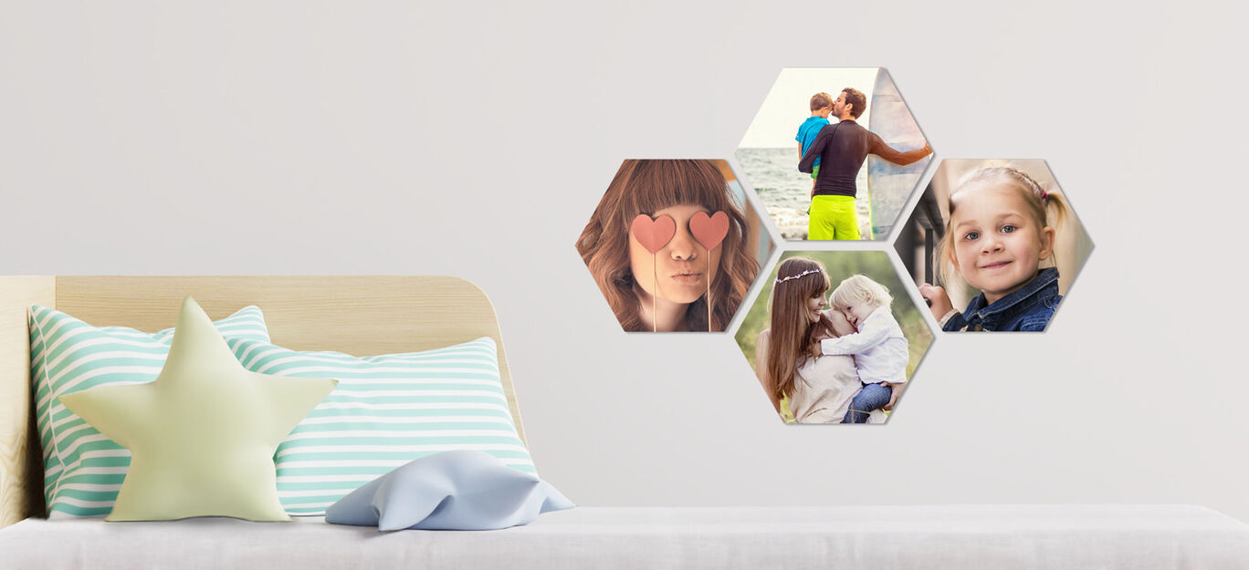Wandbild mit einer collage aus sechs Fotos, die schöne Momente zeigen und mit Herz gestaltet sind