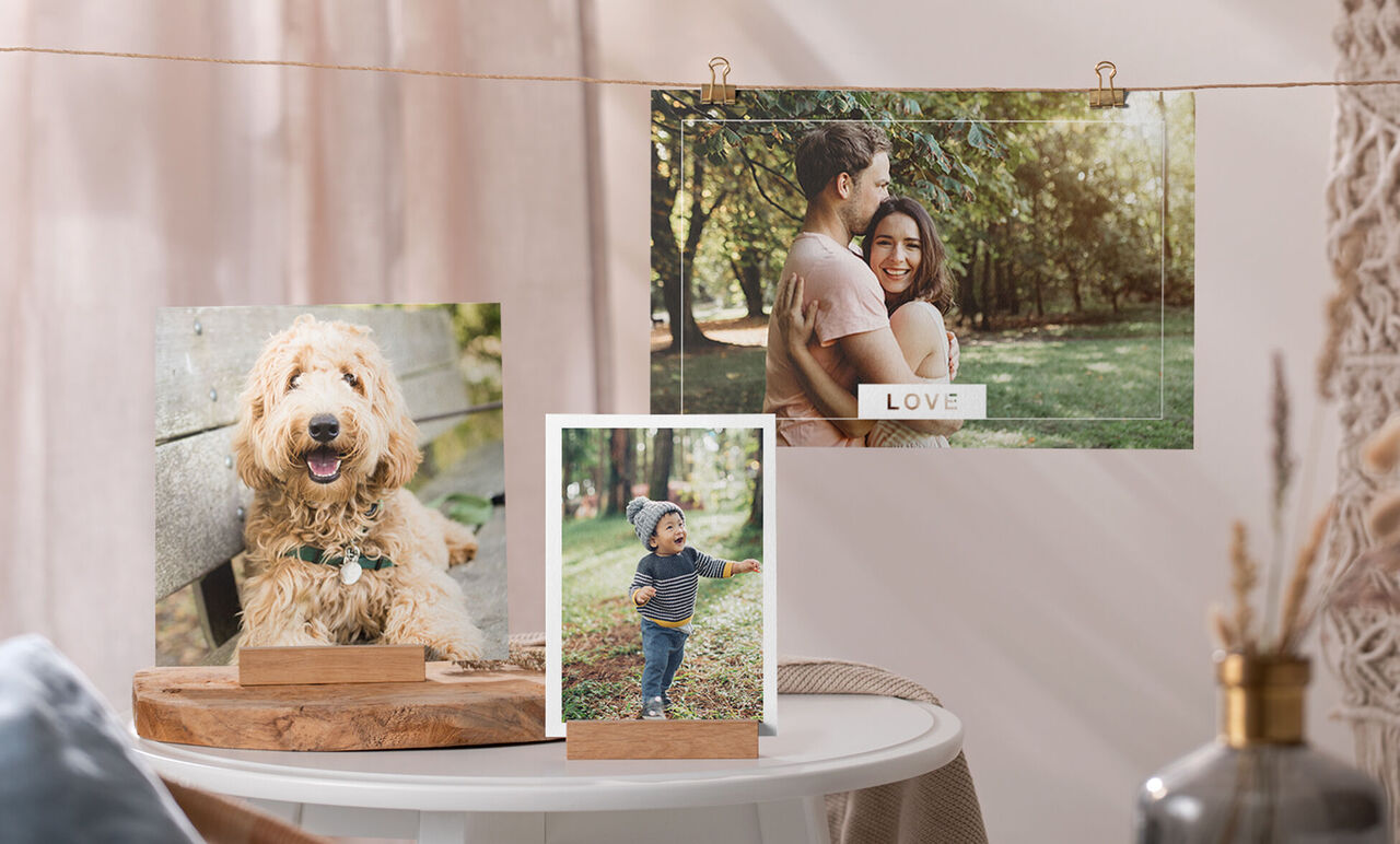 Drei liebevolle Fotodrucke in einem gemütlichen Raum. Ein beliebter Hund, ein glücklicher Junge und ein Paar, das eine schöne Zeit im Freien verbringt.