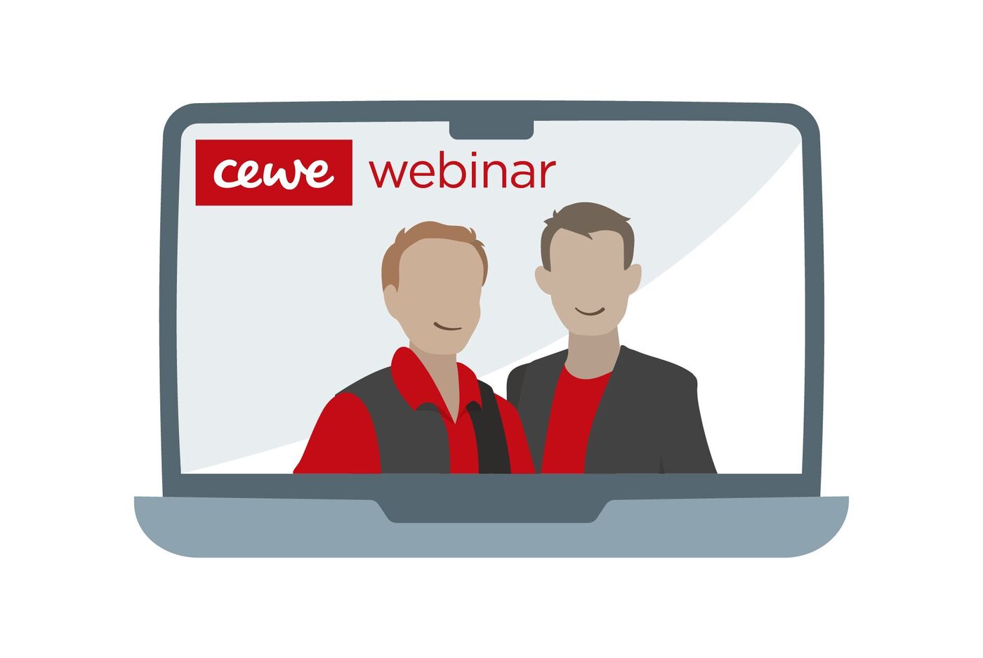 Illustration zeigt einen Laptop mit CEWE Webinar Schriftzug und zwei Personen als Gastgeber auf dem Bildschirm