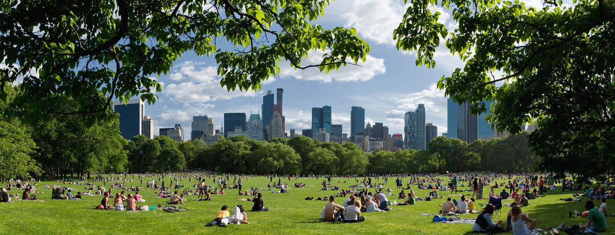 Buntes Wiesenbild im Park mit vielen Menschen auf der Wiese unter Bäumen und einer Stadt skyline im Hintergrund