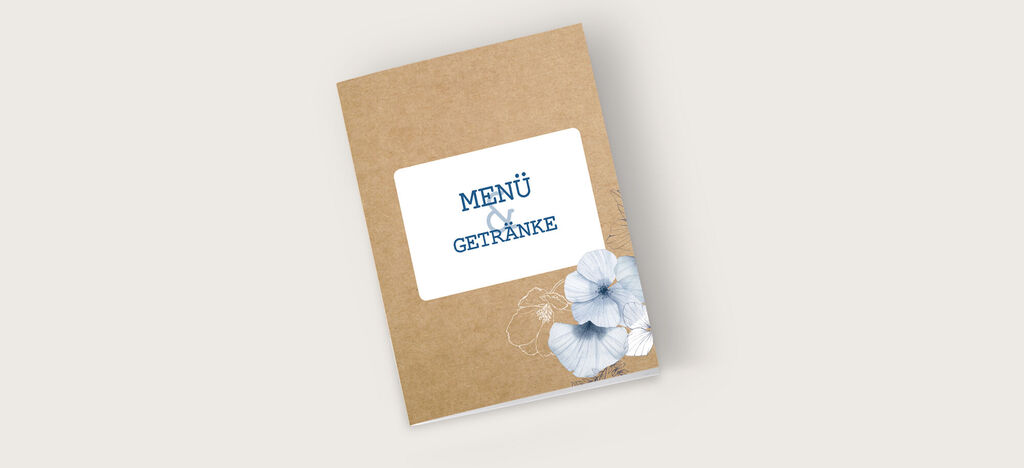 Ein kreatives Menüheft mit Blumenmotiven und dem Schriftzug "Menü & Getränke" in einer eleganten Schriftart