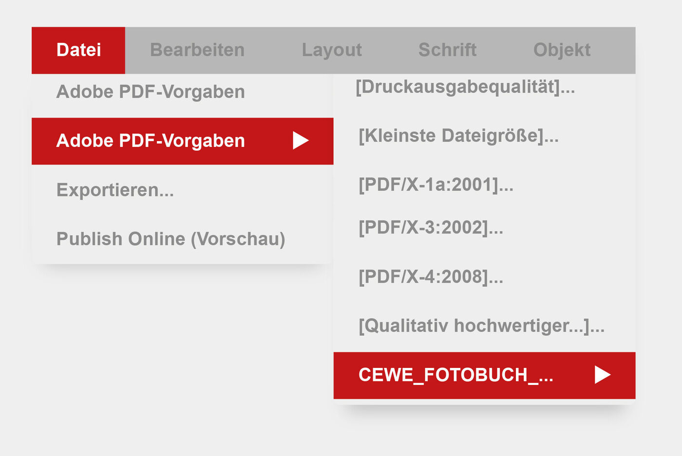 Screenshot einer Software mit Menüpunkten, darunter "Adobe PDF-Vorgaben" und die Auswahl eines CEWE Fotobuchs