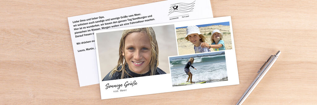 Karte mit persönlichen Erinnerungen: Kinder am Strand, Surfen und frohes Zusammensein
