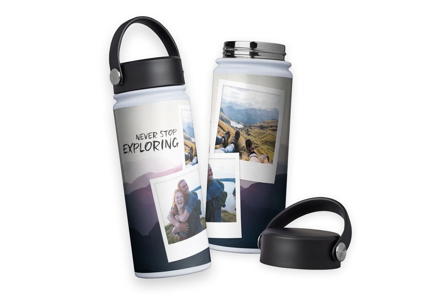 Personalisierte Trinkflasche mit Hiking-Motiven und dem Schriftzug Never Stop Exploring