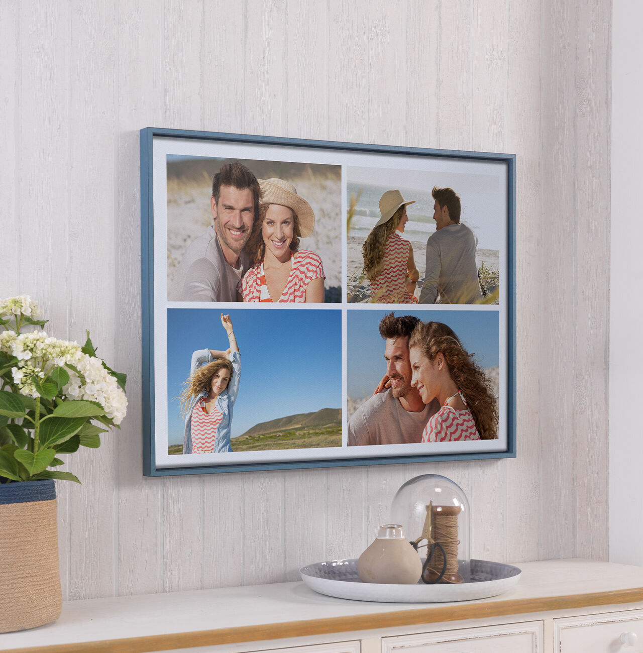 Ein liebevoll gestaltetes Wandbild mit vier Fotos, das schöne Momente am Strand zeigt