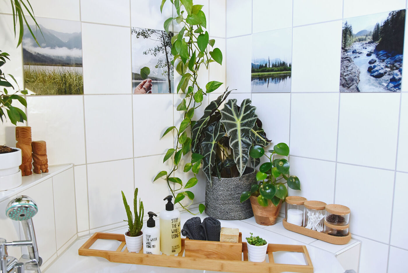 Ein Badezimmer mit verschiedenen Pflanzen und Naturfotos an der Wand, die eine entspannende Atmosphäre schaffen