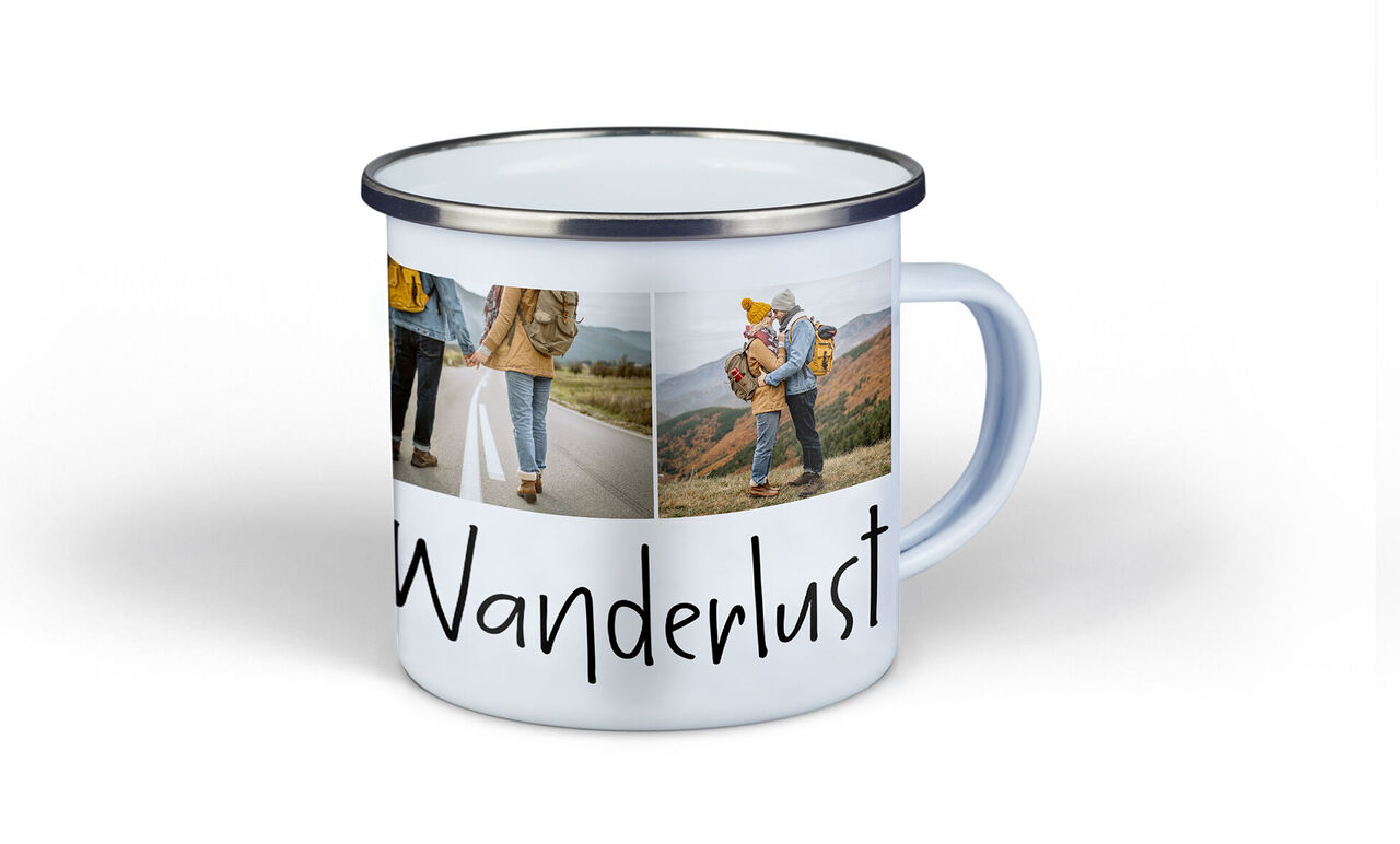 Eine personalisierte Tasse mit dem Schriftzug "Wanderlust" und Bildern von Spaziergängern in der Natur.
