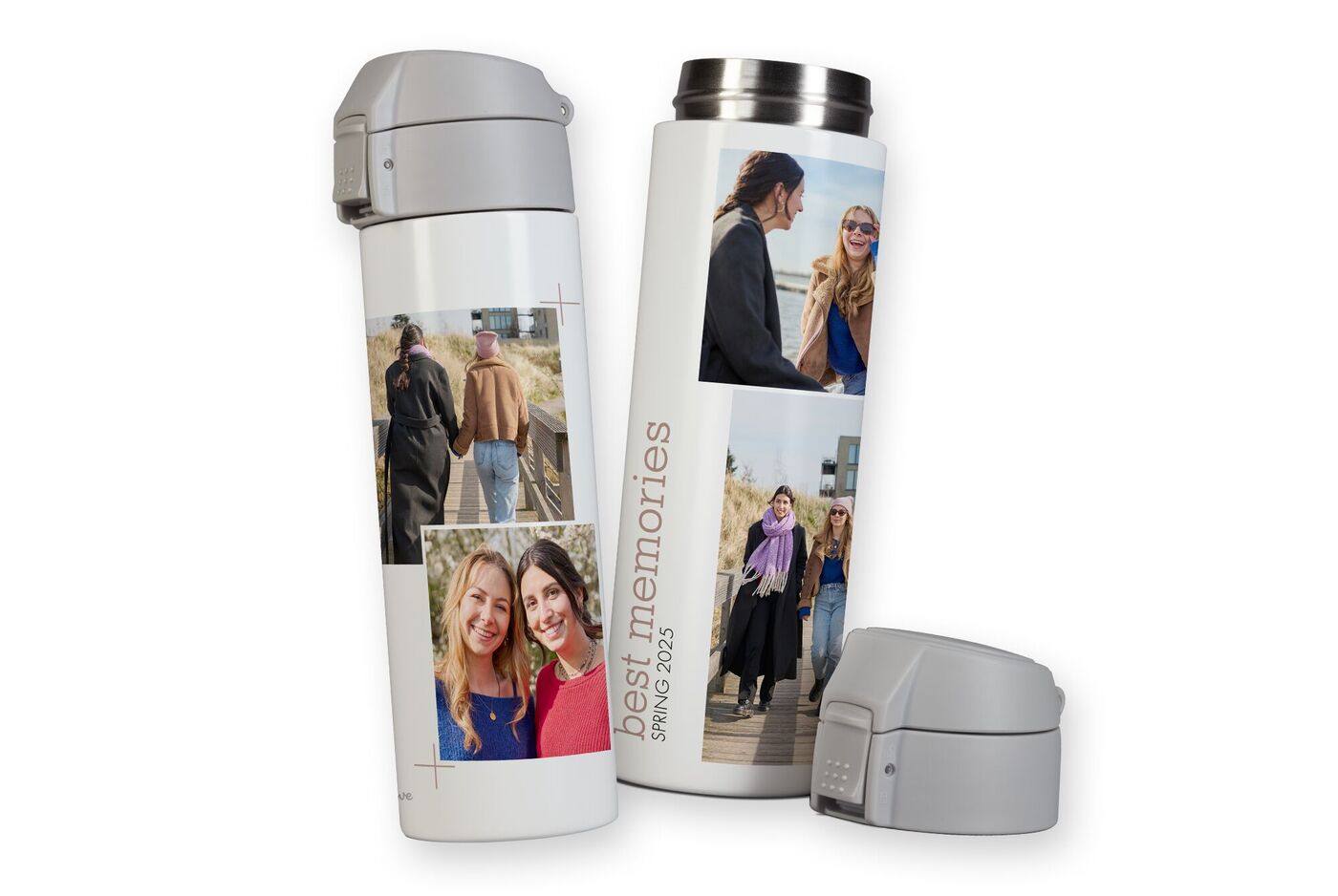 Personalisierte Thermoflaschen mit gemeinsamen Momenten am Strand und dem Text Best Memories Spring 2023