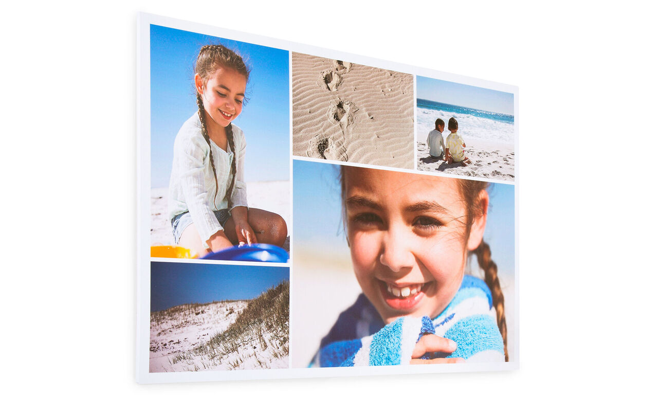 Collage aus mehreren Fotos am Strand mit Kindern und Fußabdrücken im Sand