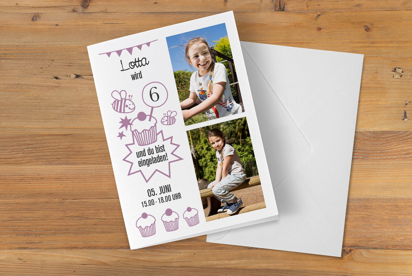 Einladungskarte für einen Kindergeburtstag mit fröhlichen Motiven