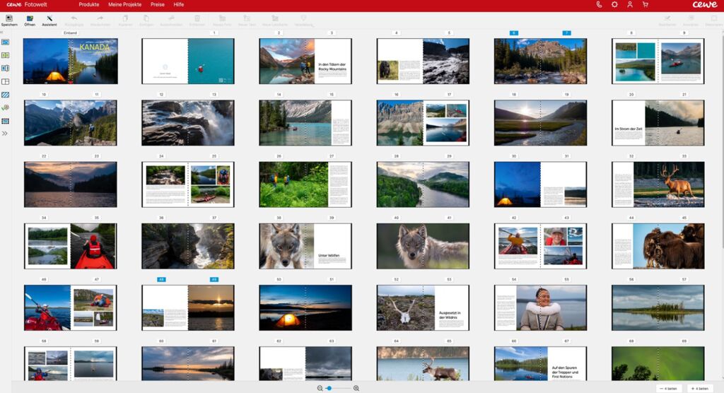Screenshot der CEWE Fotowelt Software mit der Übersicht eines umfangreichen Fotobuchs über eine Kanada-Reise.