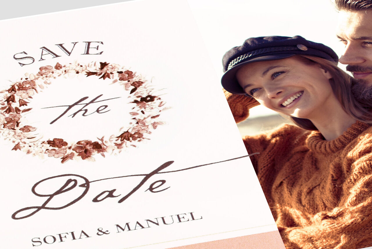 Ein kreatives Save-the-Date-Karten-Design mit floralen Elementen. Der Text lautet: "SAVE the Date Sofia & Manuel".