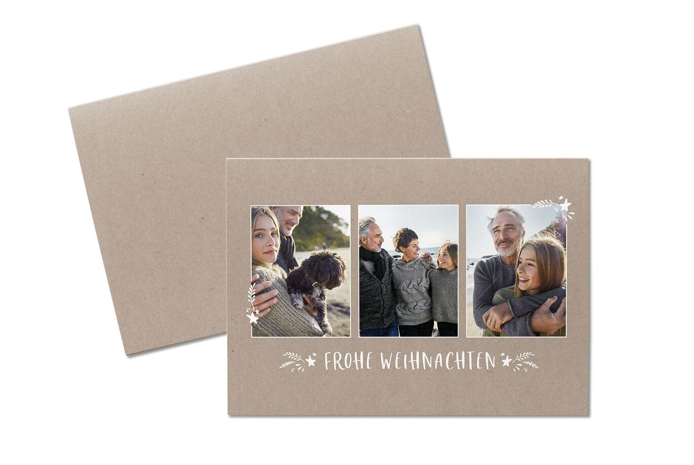 Eine schöne Weihnachtskarte mit persönlichen Fotos und einem herzlichen 'Frohe Weihnachten'-Gruß