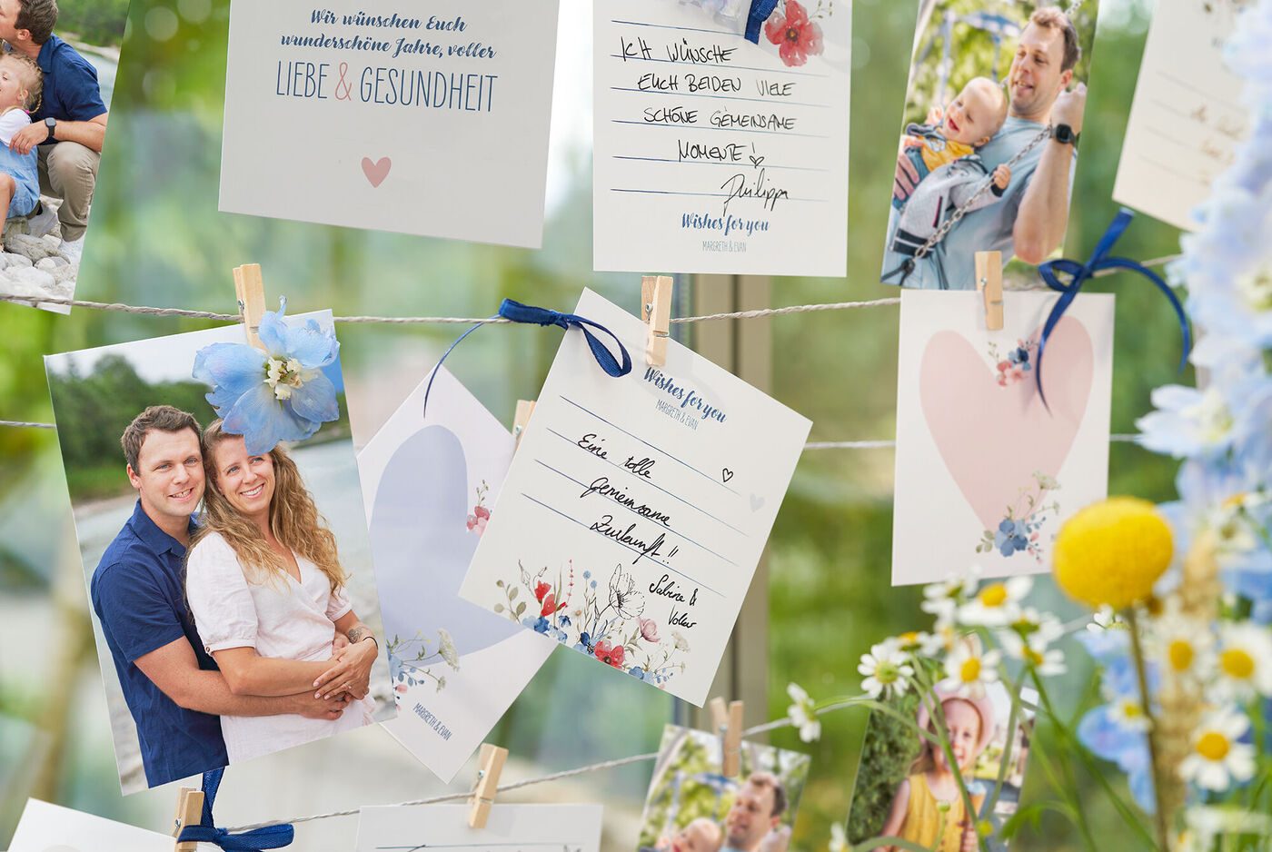 Bunte Fotos und Grußkarten mit liebevollen Botschaften zu Gesundheit und Glück.