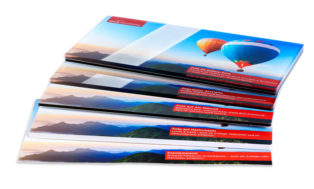 Vier CEWE Fotobücher mit bunten Luftballons und Landschaft im Hintergrund