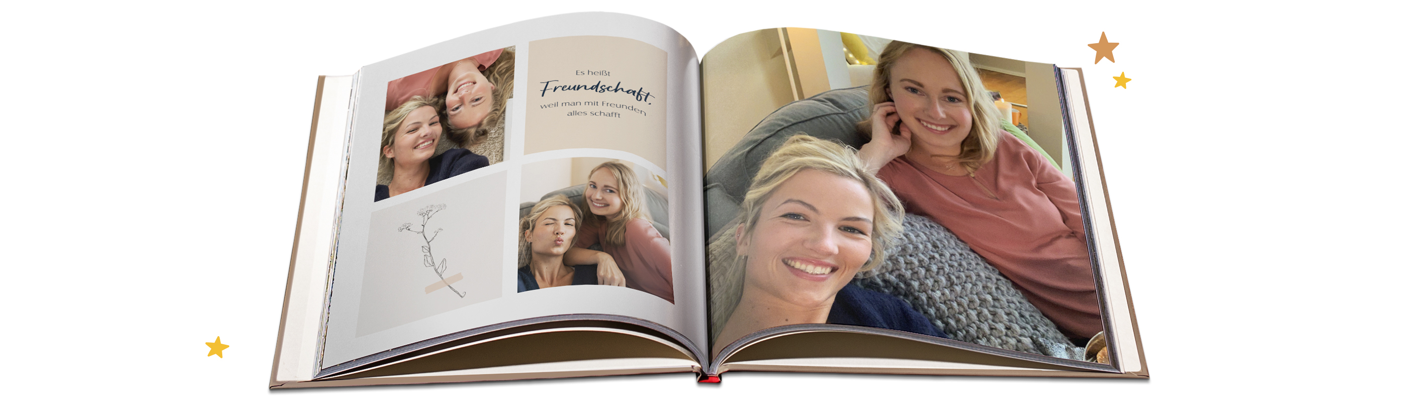 Offenes Fotobuch mit persönlichen Fotos und schönen Erinnerungen.
