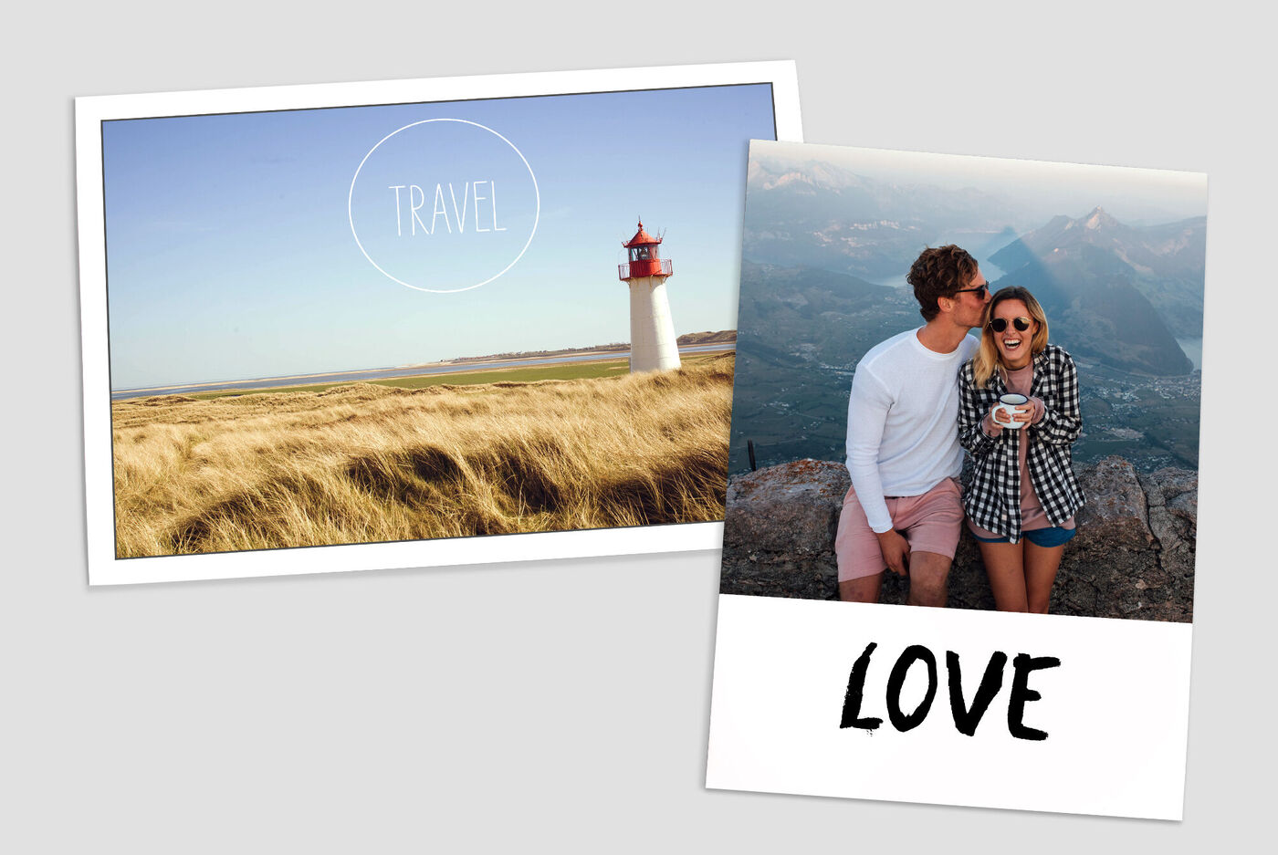 Leuchtturm in der Landschaft und ein Paar, das sich küsst. Urlaubsmomente und Liebe werden dargestellt