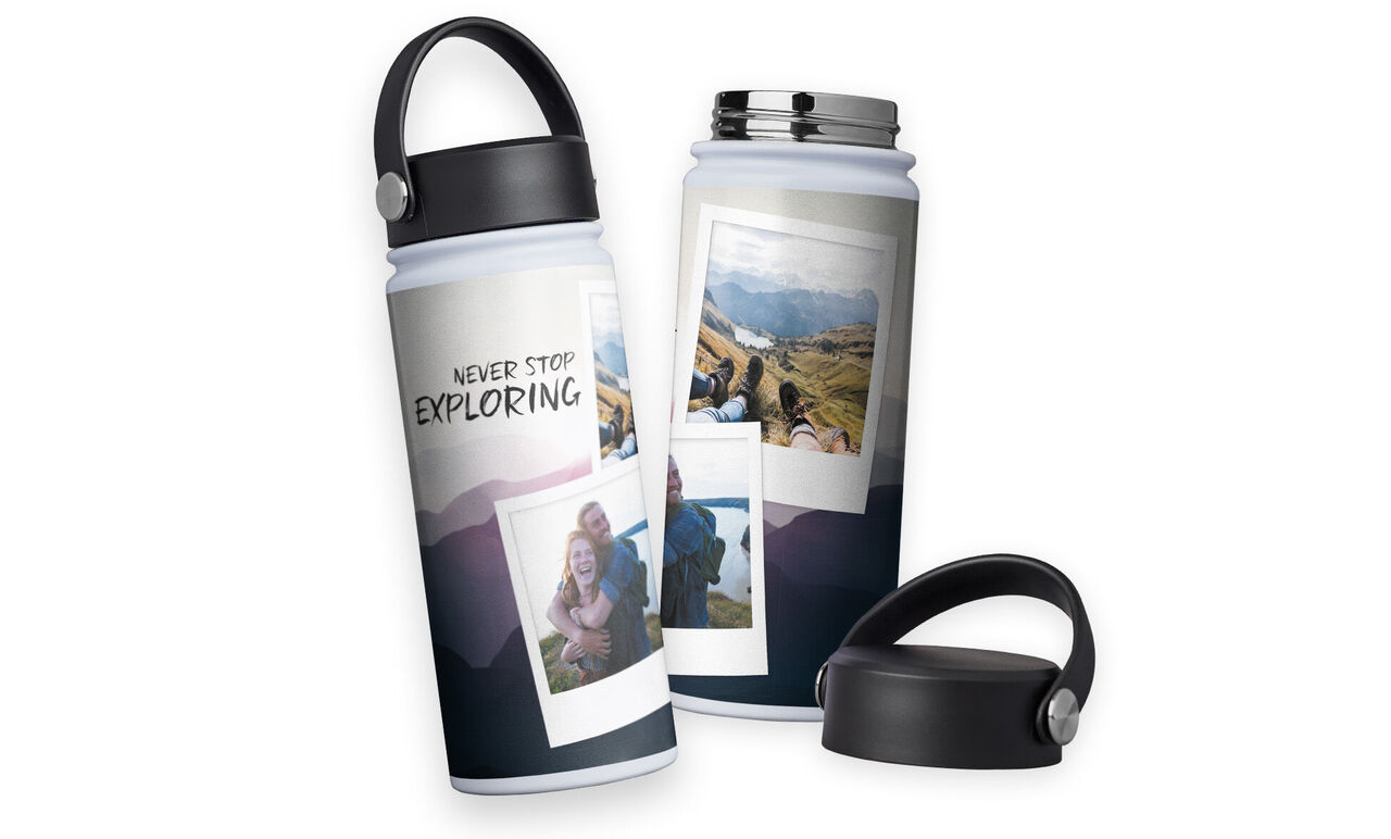 Gestaltungsideen für eine CEWE Thermosflasche mit Fotos.