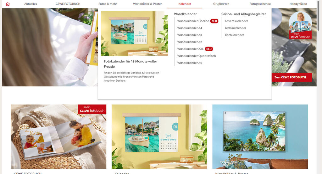 Screenshot mit dem Megamenü der CEWE Fotowelt Software